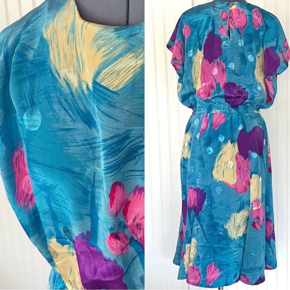 Vintage Teal Dress with Pink, Purple & Yellow Brushstroke Print